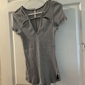Free People Black & White Striped Short-Sleeve V-Notch Top
